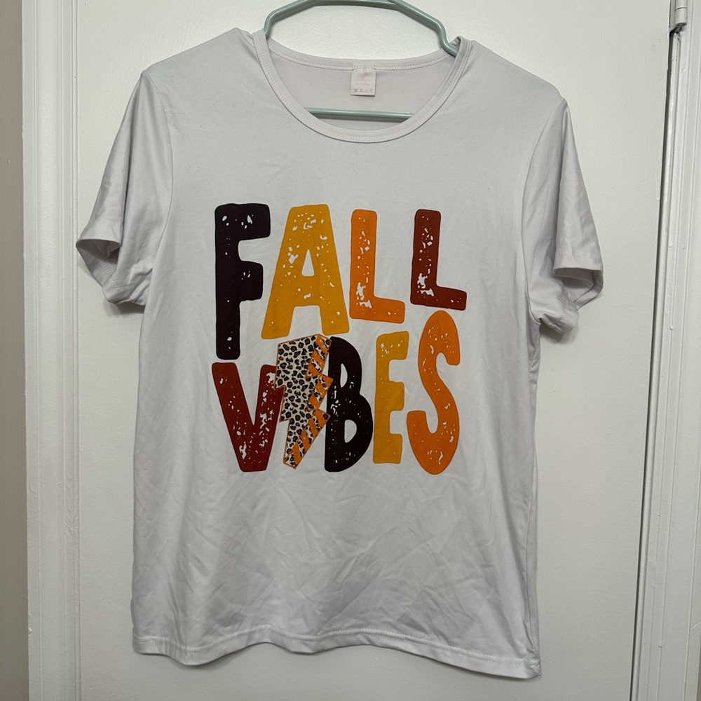 EUC White T-Shirt with Fall Vibes Graphic